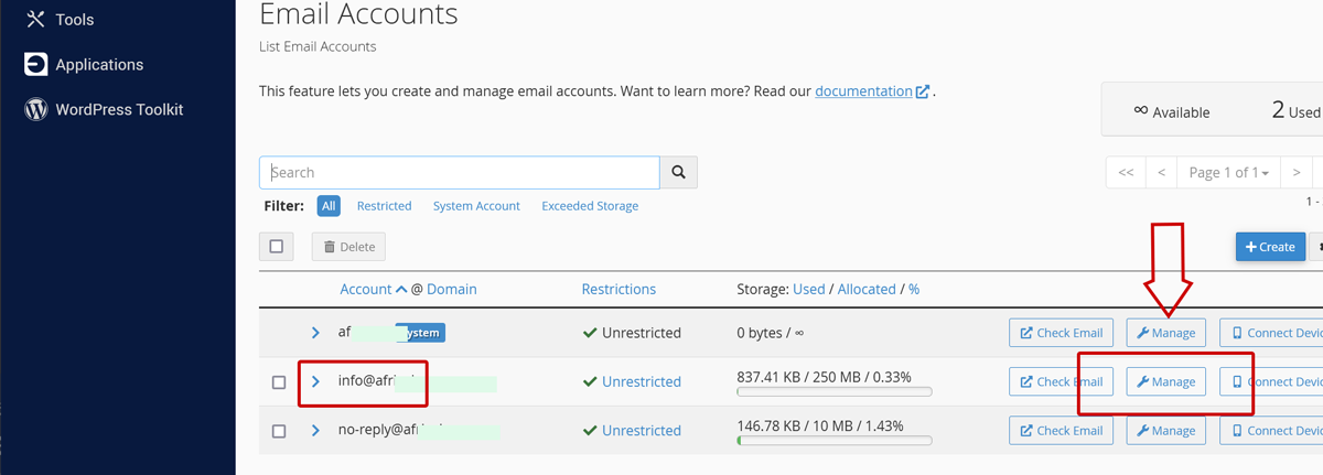 cpanel email manage